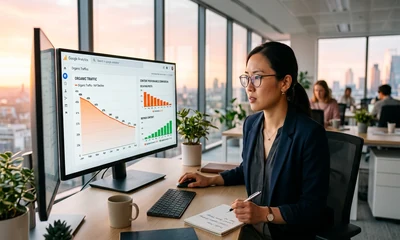 Persona revisando métricas de content decay SEO en una pantalla de analítica