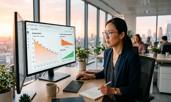 Persona revisando métricas de content decay SEO en una pantalla de analítica