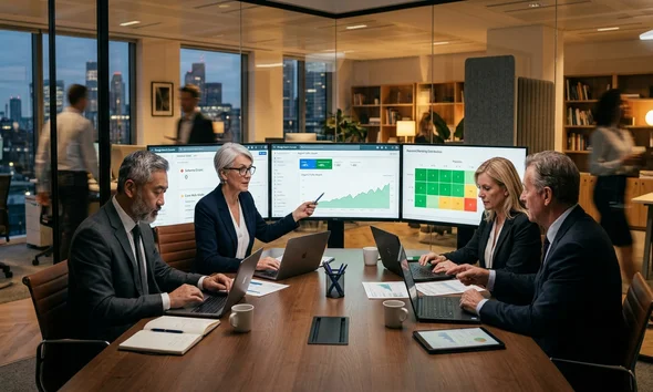 Consultor experto en posicionamiento SEO explicando la estrategia orgánica en una reunión con clientes