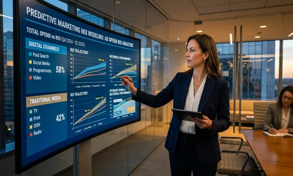 Pantalla de marketing mix modeling con un dashboard de analítica y gráficos de rendimiento